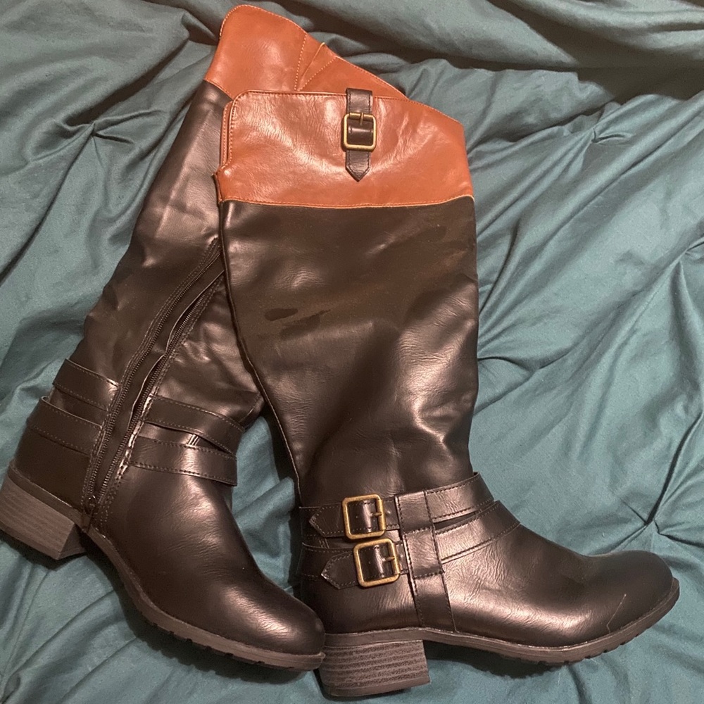 Brand new Black and brown knee high boots